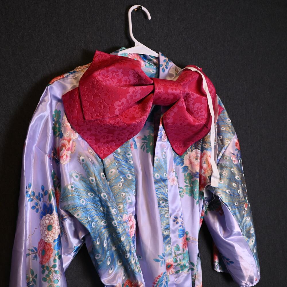 VINTAGE ICHI BAN Kimono Floral Peacock Japan Made with Tie Belt & Brocade Bow